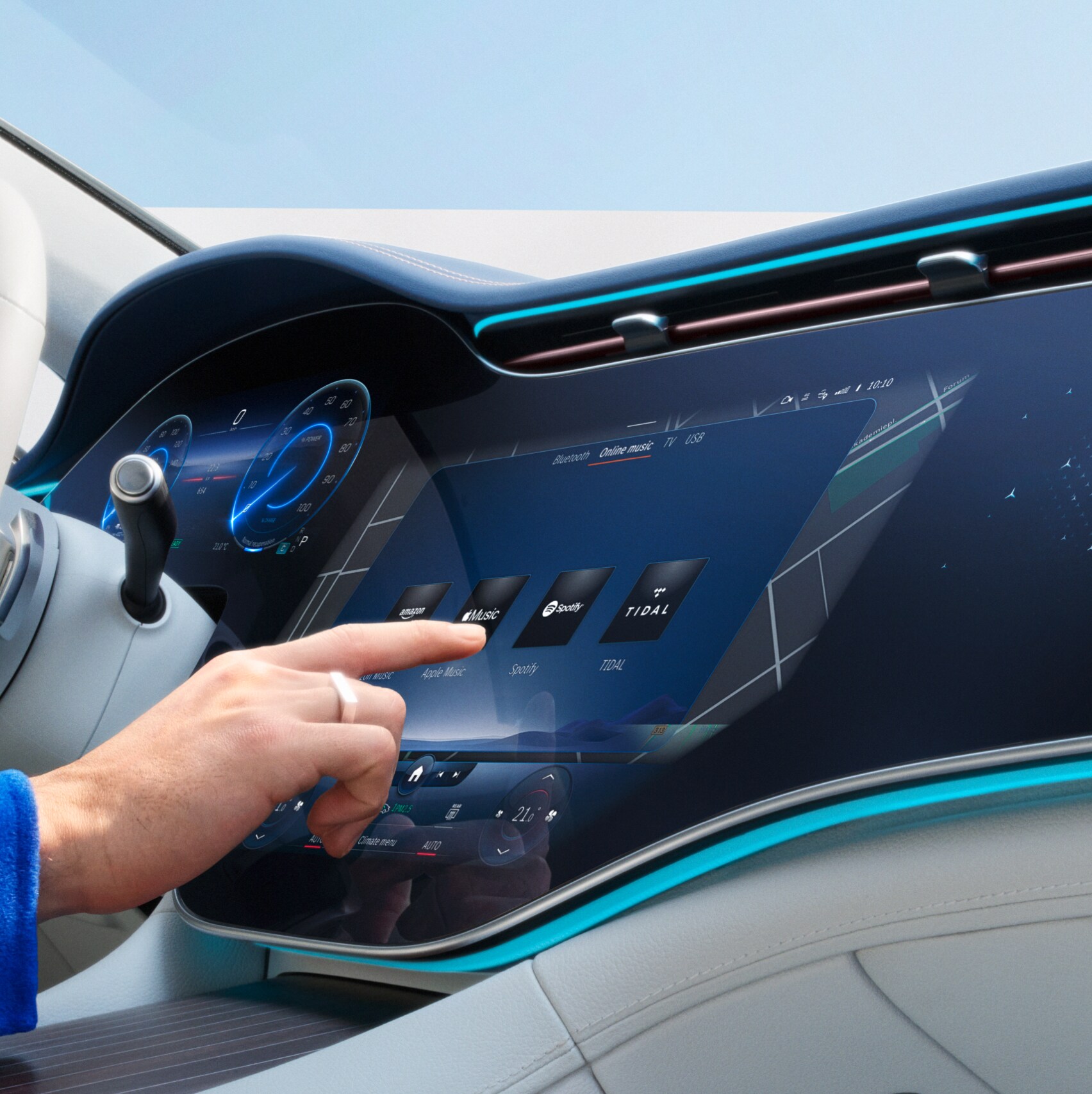 Interfața MBUX cu extraopțiuni digitale active într-un Mercedes-Benz