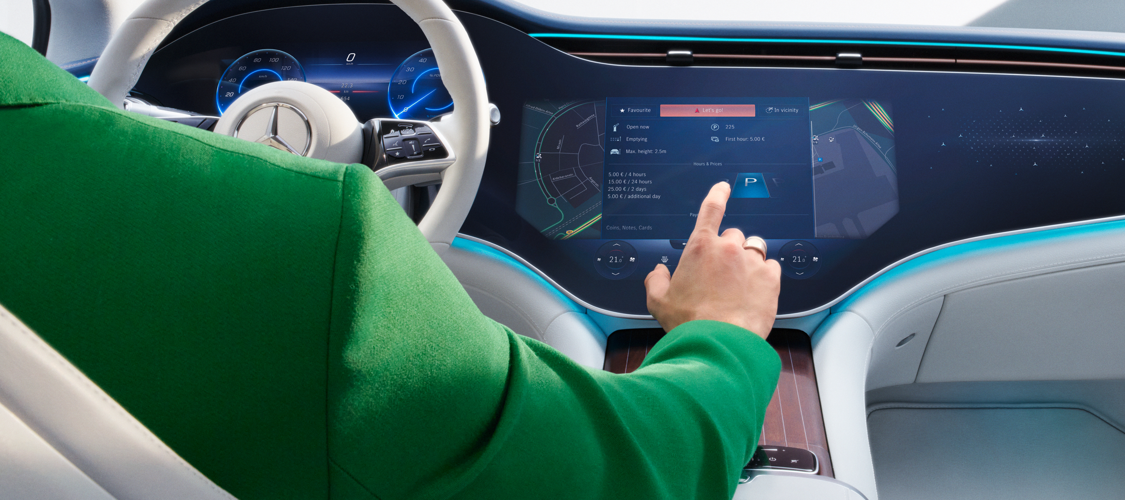 Mercedes me ID | Mercedes-Benz Extraopțiunile digitale se selectează pe ecranul sistemului multimedia MBUX dintr-un Mercedes-Benz.