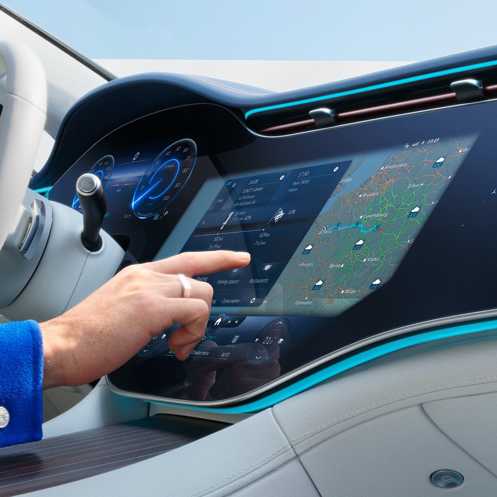 MBUX Hyperscreen afișeză vremea la destinație, datorită extraopțiunii digitale Hartă meteo.