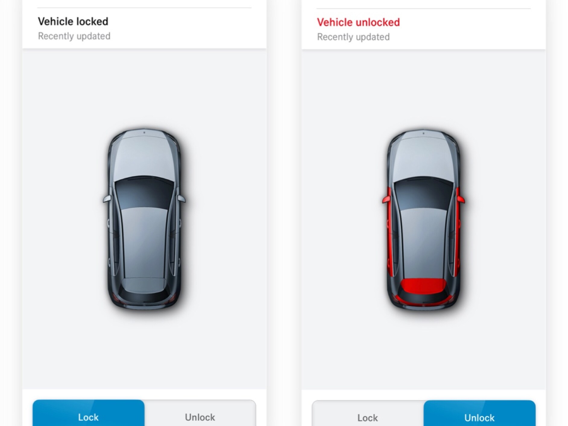 Pe un smartphone pot fi văzute diverse ecrane care se afișează atunci când extraopțiunea digitală Blocarea și deblocarea ușilor de la distanță constată că sunt încuiate toate ușile.