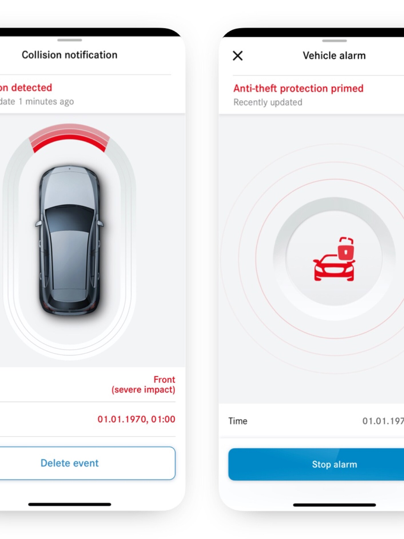 Extraopțiunea digitală Notificare în caz de furt și detectarea coliziunilor, pe un smartphone este afișată notificarea că a avut loc o coliziune.