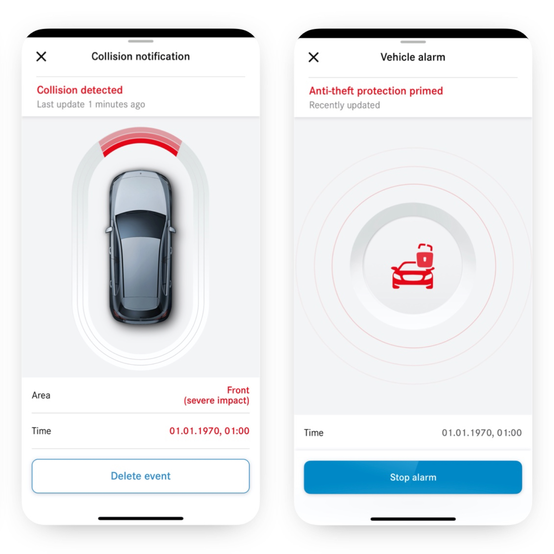 Notificare în caz de furt cu detectarea coliziunilor | Pachet Excellence | Mercedes-Benz Extraopțiunea digitală Notificare în caz de furt și detectarea coliziunilor, pe un smartphone este afișată notificarea că a avut loc o coliziune.