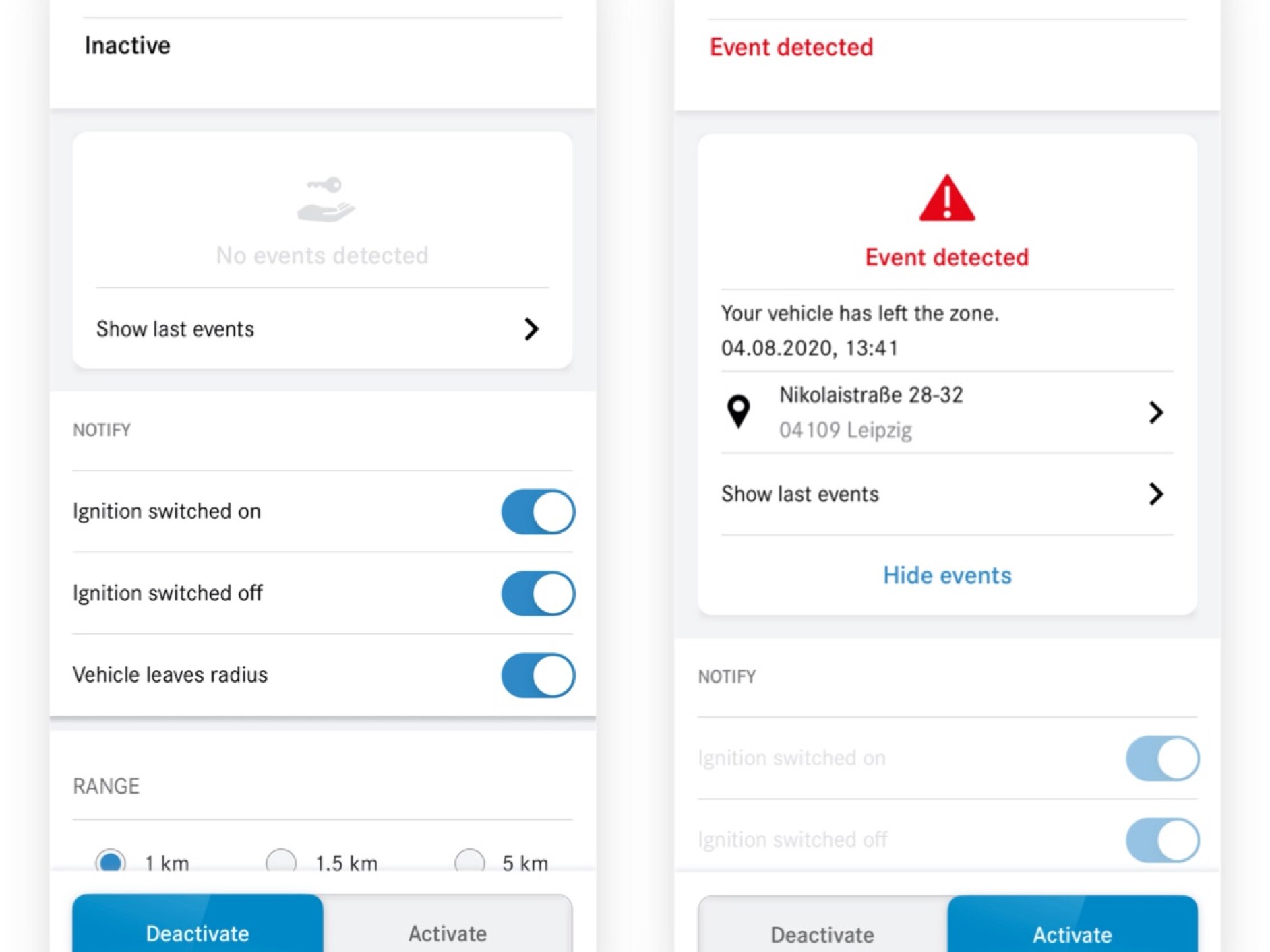 Poți vedea aici, pe un smartphone, diferitele ecrane care apar atunci când extraopțiunea digitală Monitorziarea parcării cu valet detectează o încălcare.