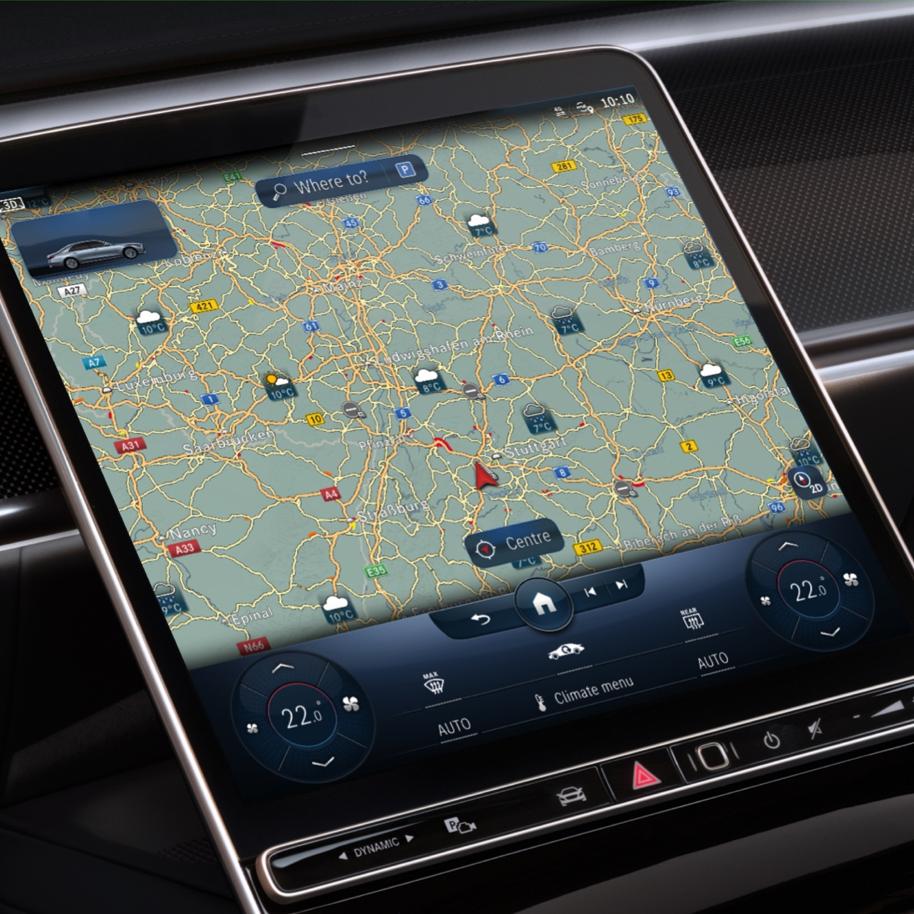 Hartă meteo | Navigație | Mercedes-Benz Pe display-ul sistemului multimedia MBUX este afișată prognoza meteo în regiunea destinației, datorită extraopțiunii digitale Hartă meteo.