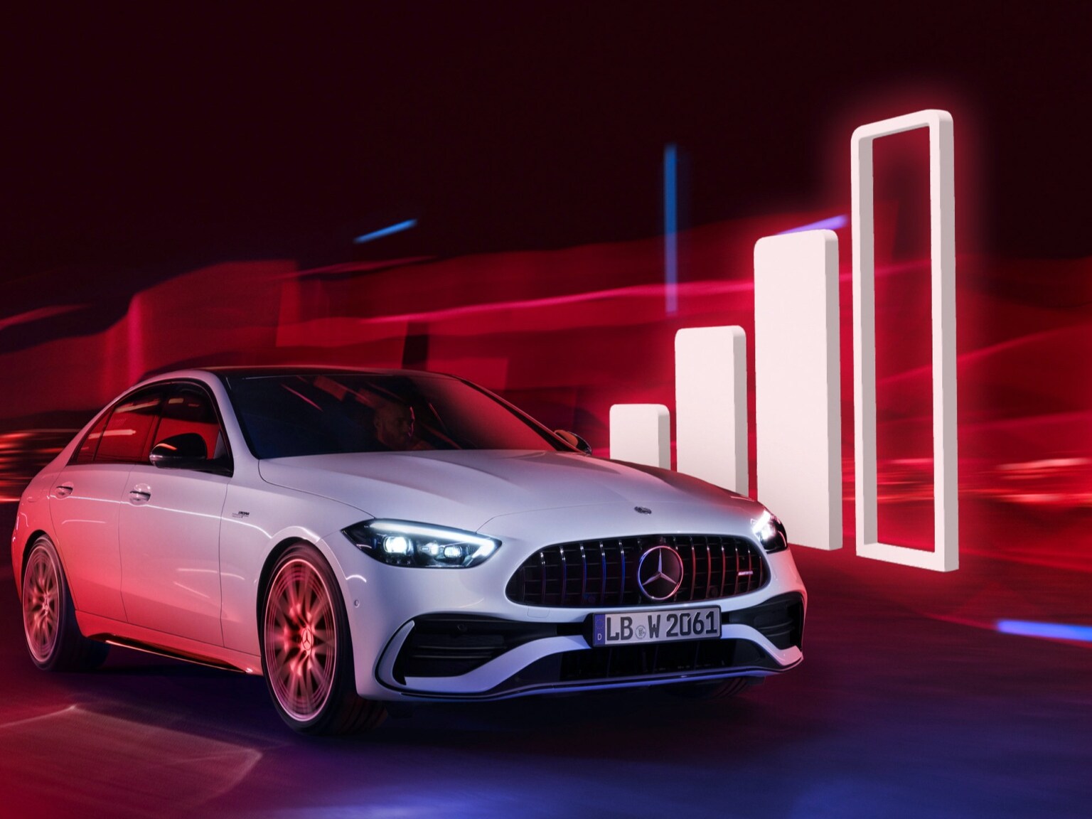 Un model Mercedes-Benz trecând lângă vizualizarea unei coloane de recepție.