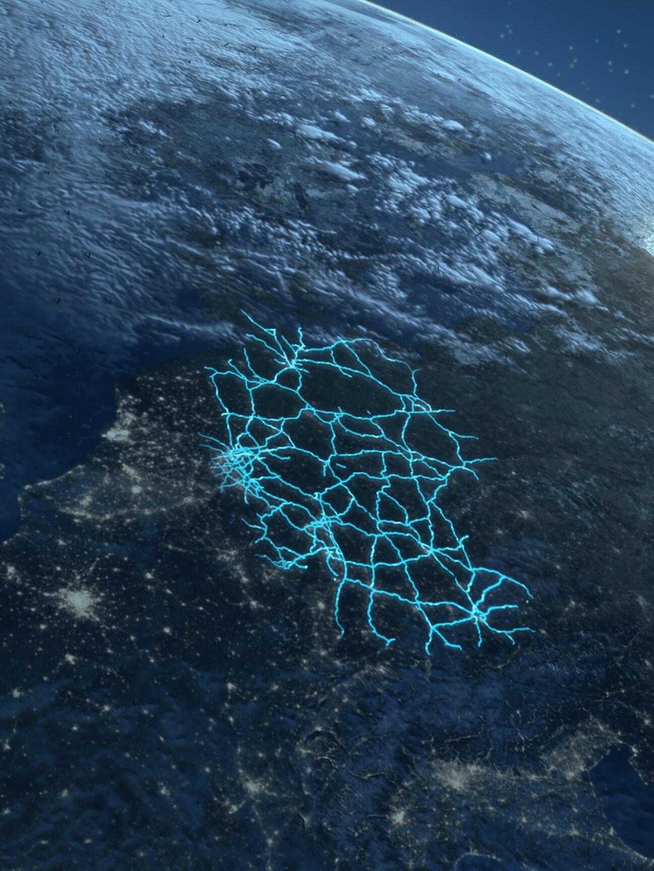 O secțiune a globului cu o reprezentare schematică a rețelei de rute din Germania