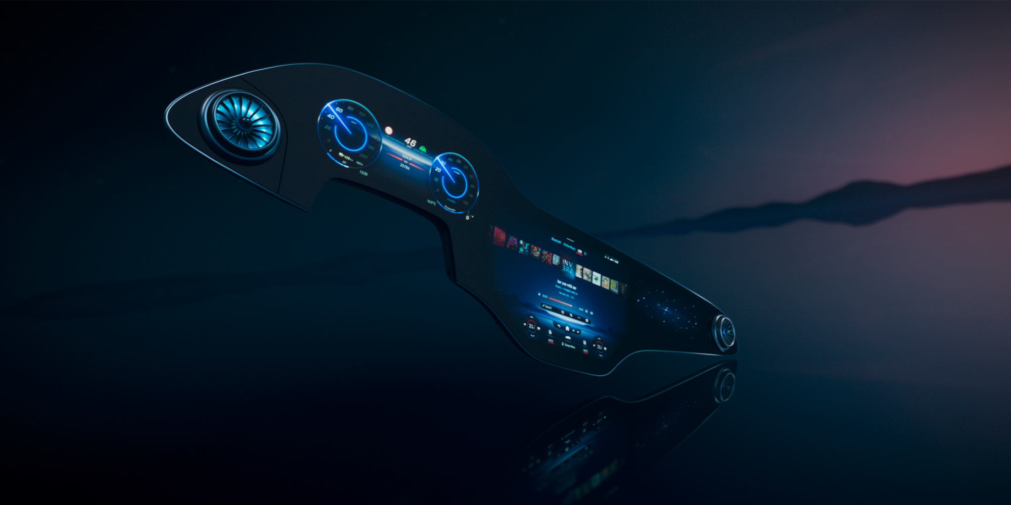 Divertisment | Sistem multimedia MBUX | Mercedes-Benz Display-ul MBUX plutind liber într-un spațiu imaginar.