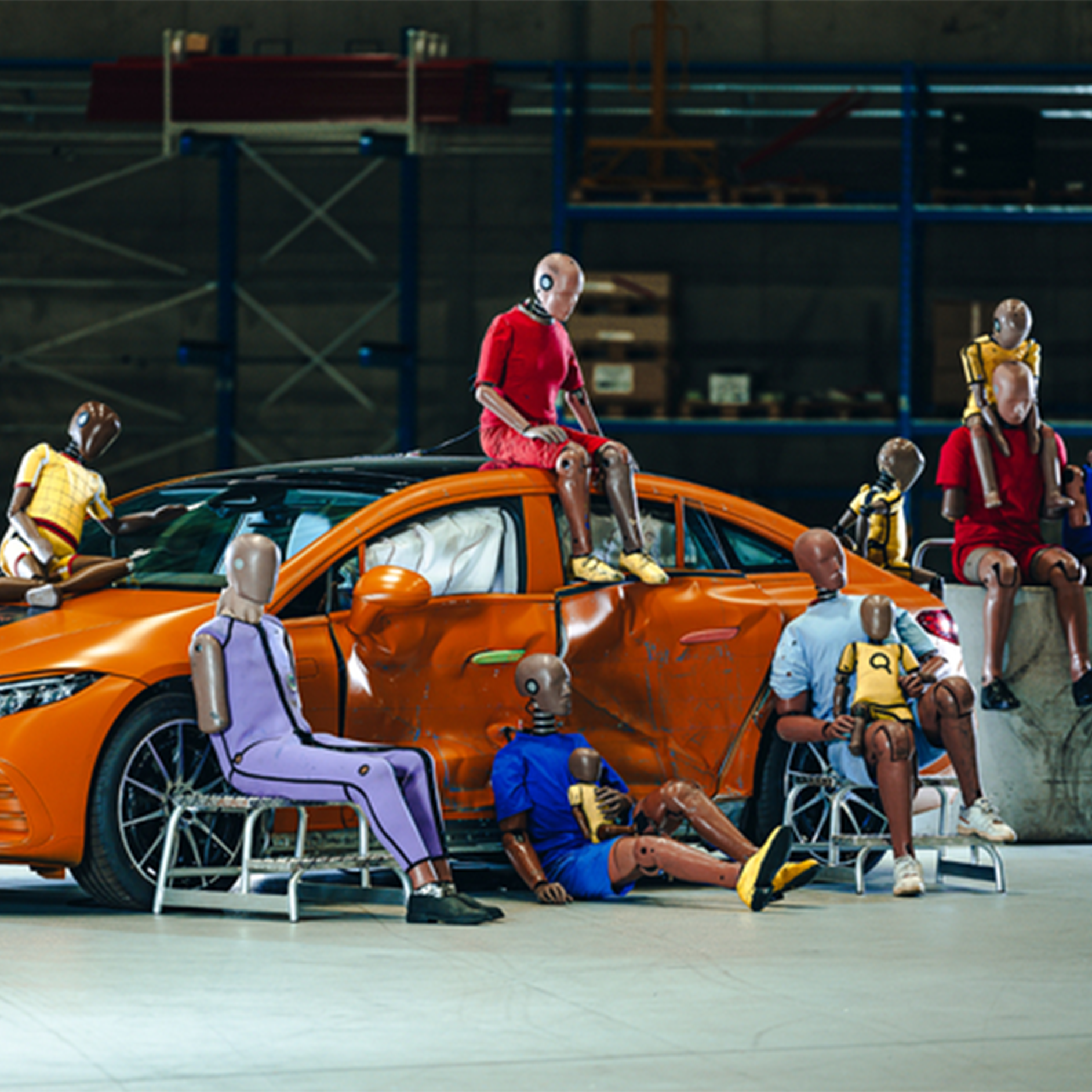 Manechine pentru teste de impact | Siguranță | Mercedes-Benz Multiple manechine pentru teste de impact așezate pe și în jurul unui autovehicul Mercedes-Benz.