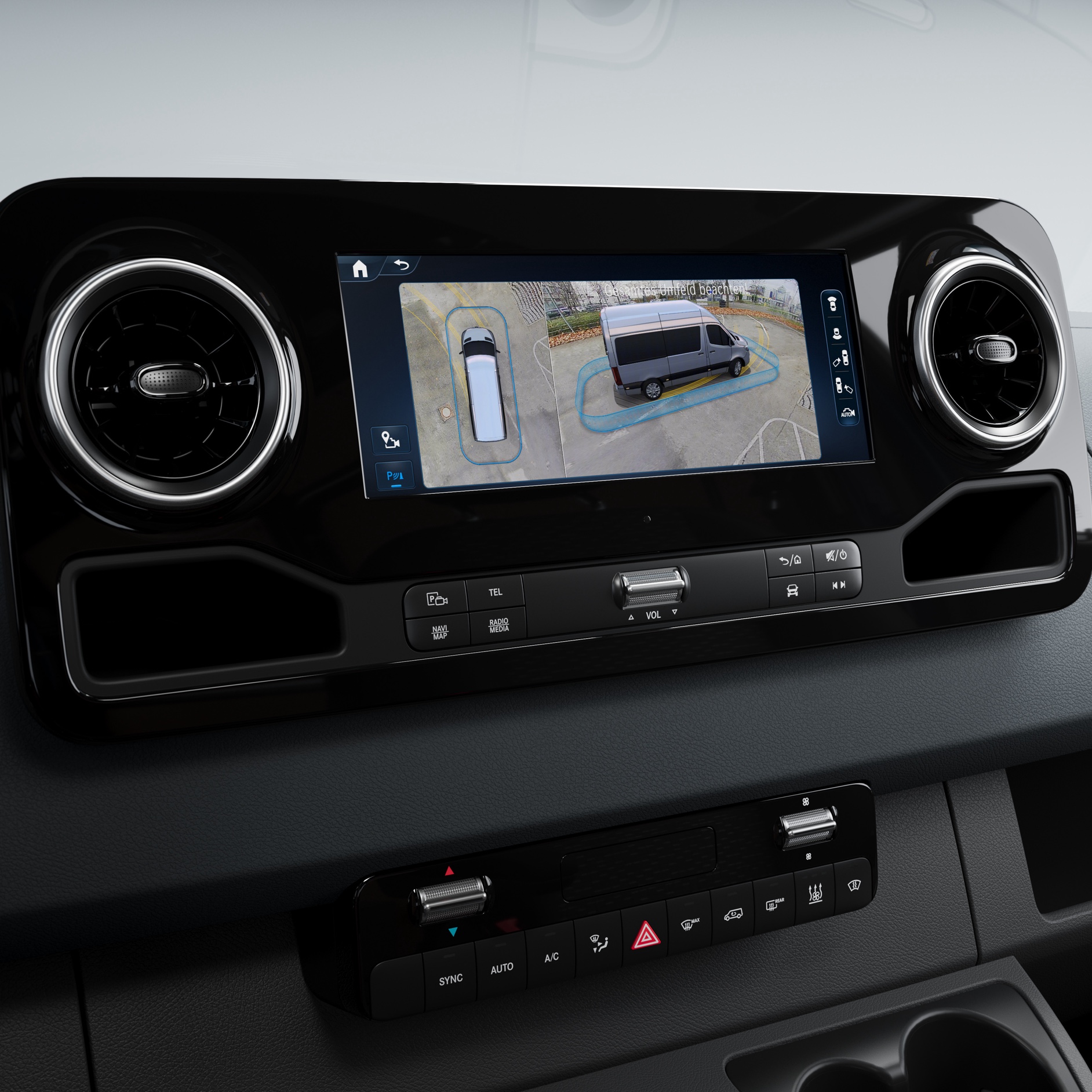 Caracteristicile autovehiculului | Sprinter | Mercedes-Benz Display cu vedere 360° surround al pachetului de parcare pentru Mercedes-Benz Sprinter.