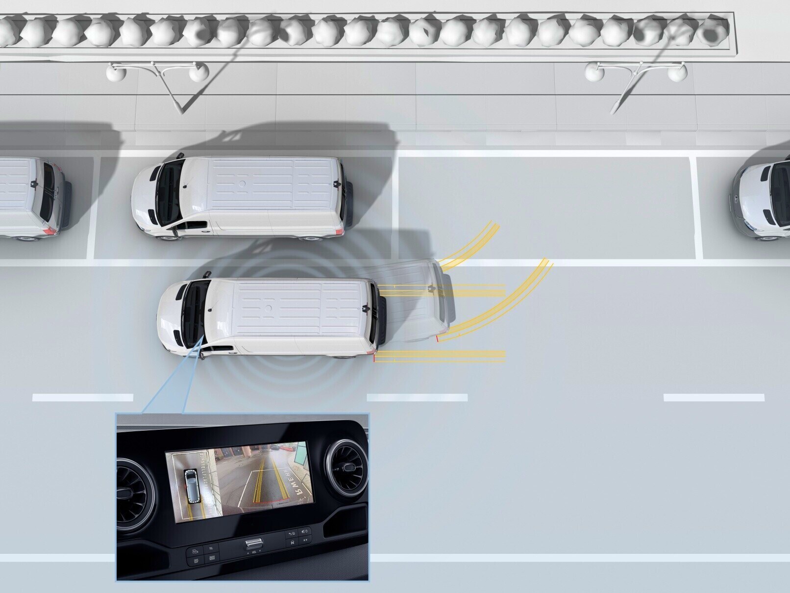 Pachetul de parcare cu cameră video la 360° furnizează o perspectivă excelentă de jur împrejur, și îimpreună cu asistentul pentru parcare inclus, ușurează semnificativ manevrarea autovehiculului.