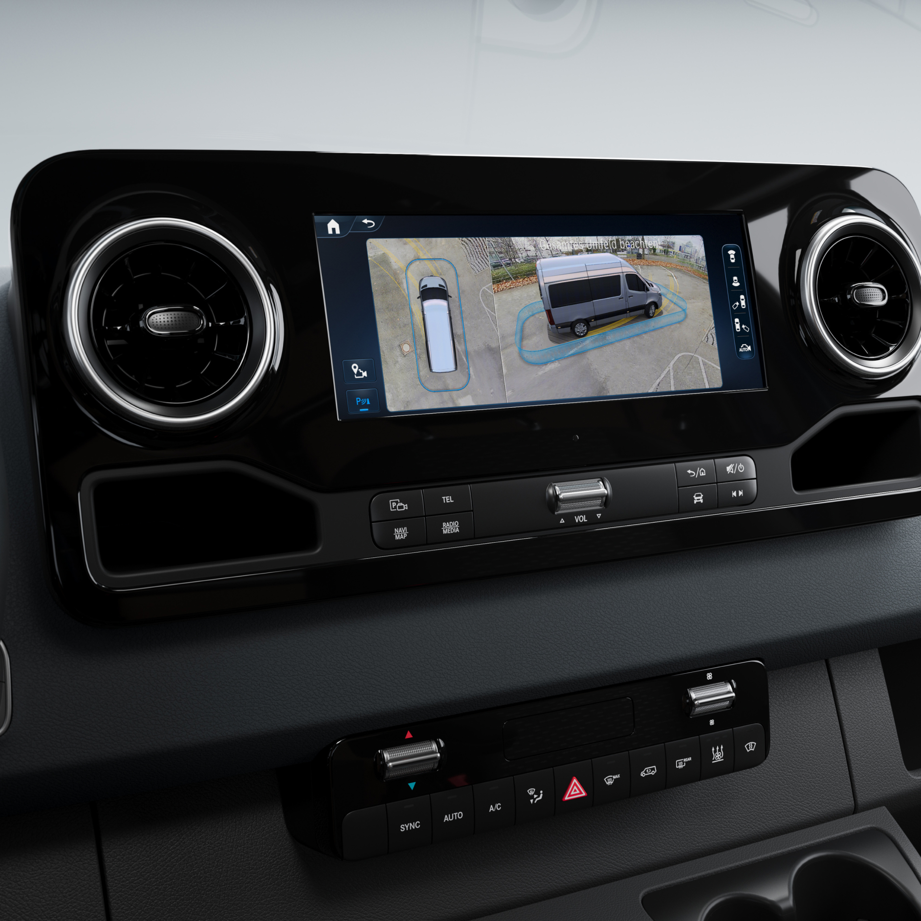 Sistem multimedia MBUX | Vedere 3D surround | Mercedes-Benz Vans Vederea 3D surround în sistemul multimedia MBUX într-un model furgon de la Mercedes-Benz.