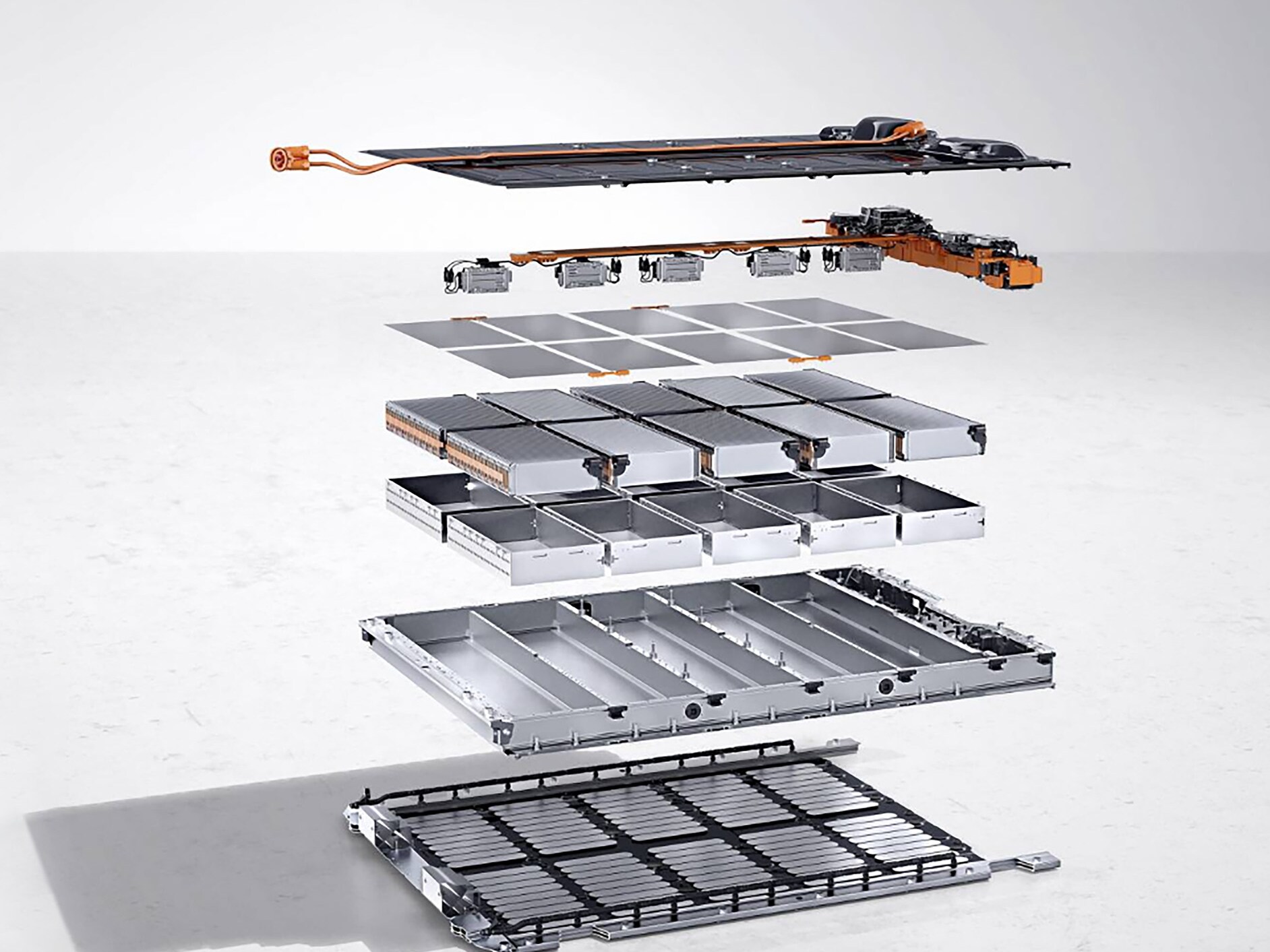 Imagine detaliată a unei baterii de înaltă tensiune, demontată.