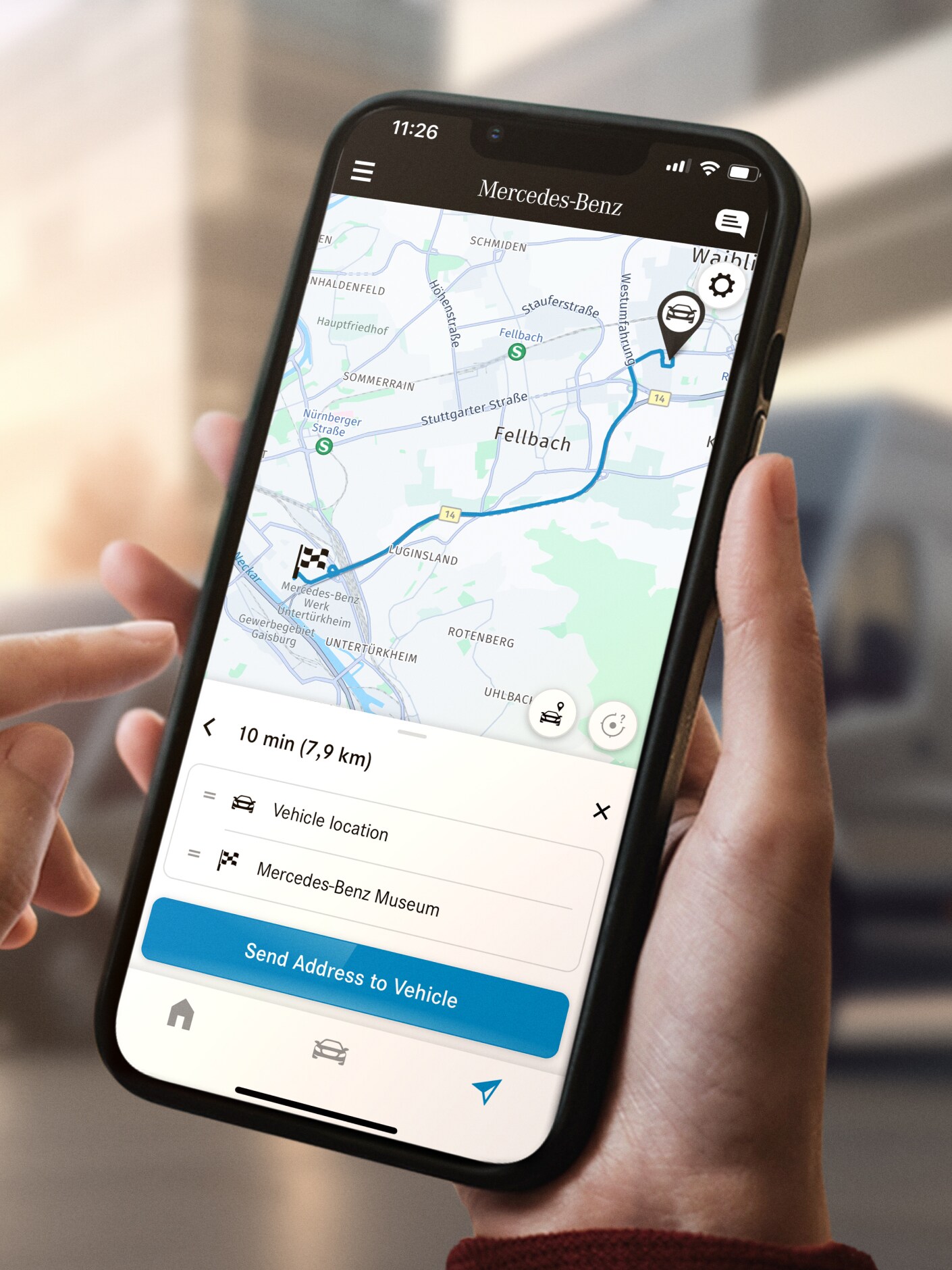 Funcția Send2Car de la Mercedes-Benz pe un smartphone.