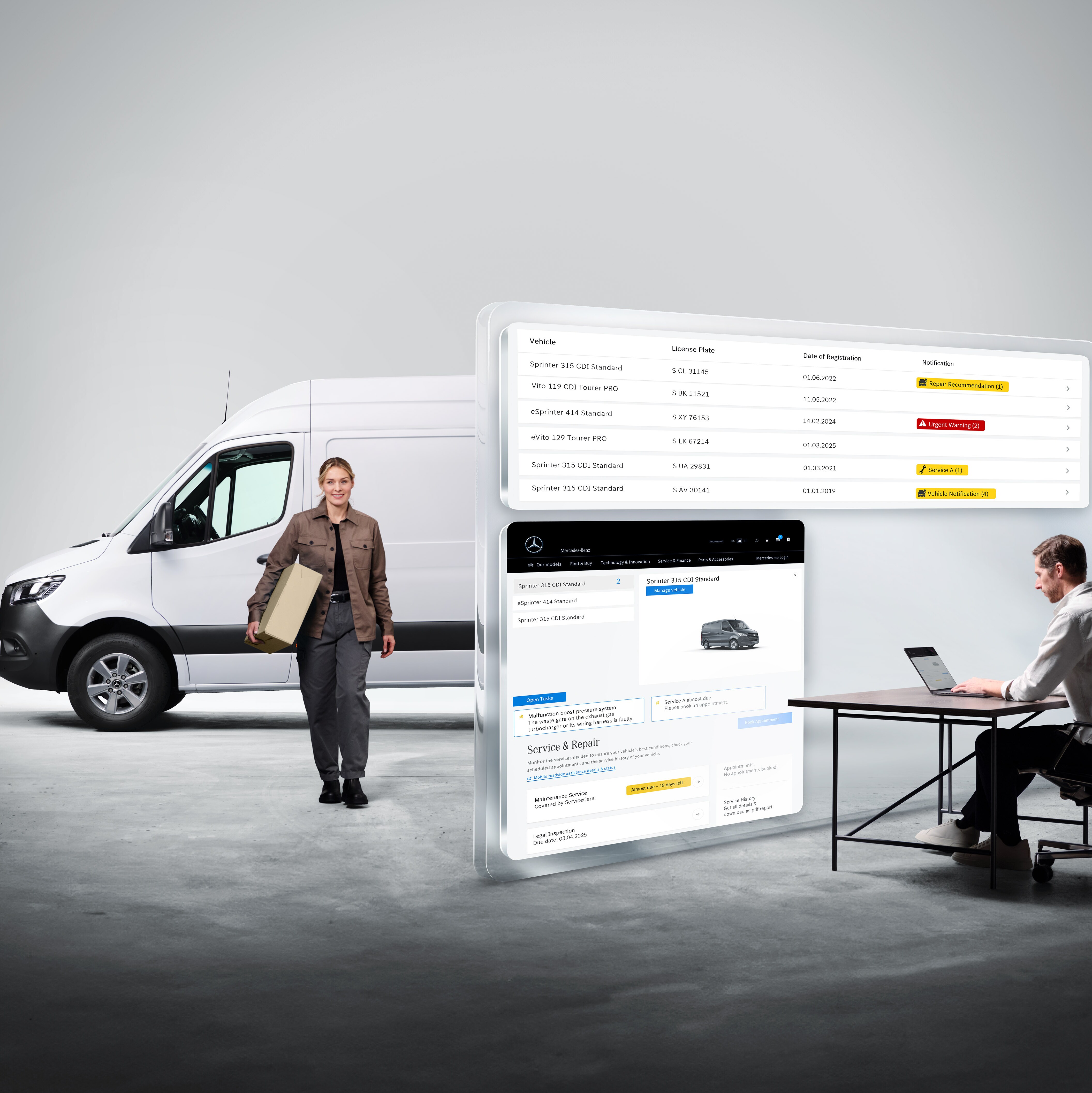 Ecranele care afișează serviciile digitale ale Mercedes-Benz cu persoane și un autovehicul Mercedes-Benz Sprinter în fundal.