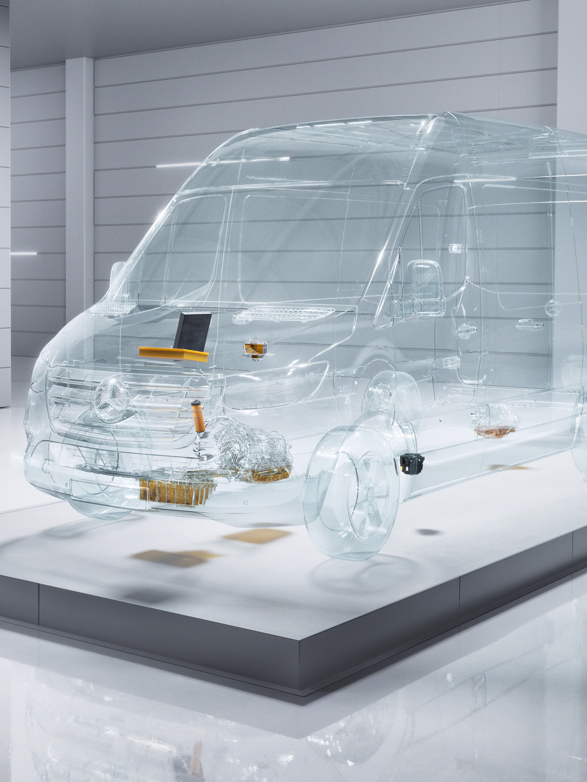 O furgonetă virtuală, transparentă Mercedes-Benz Sprinter într-un mediu de atelier.