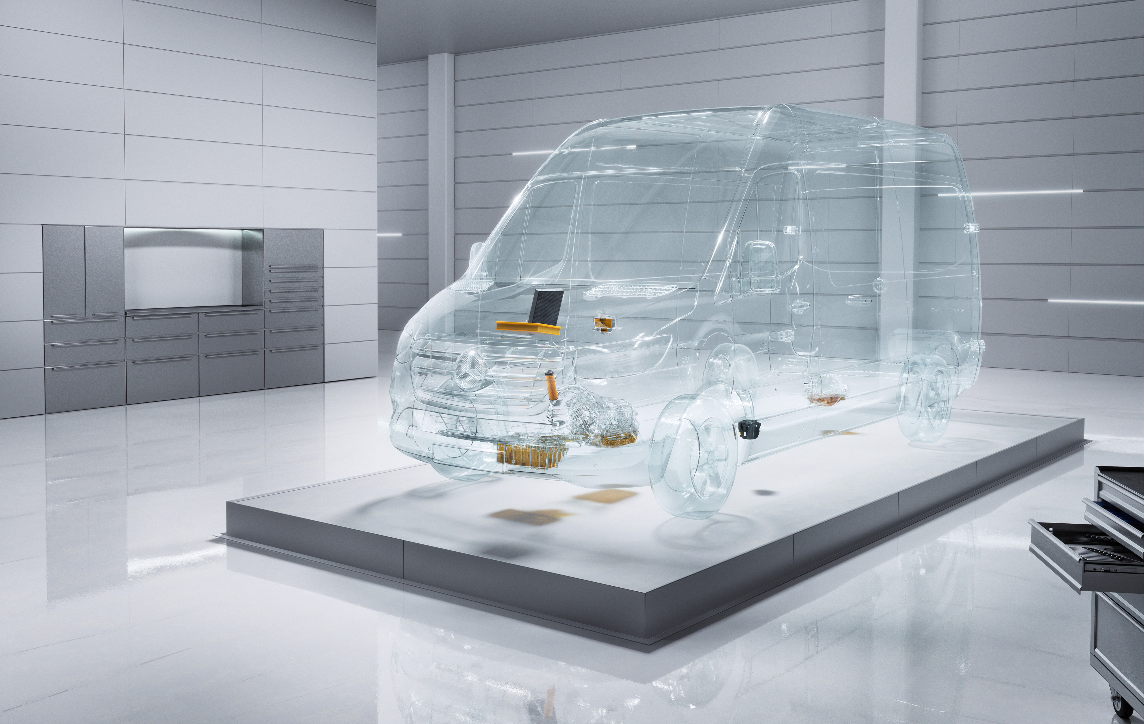Mercedes-Benz | Van ServiceCare | Revizie optimă O furgonetă virtuală, transparentă Mercedes-Benz Sprinter într-un mediu de atelier.